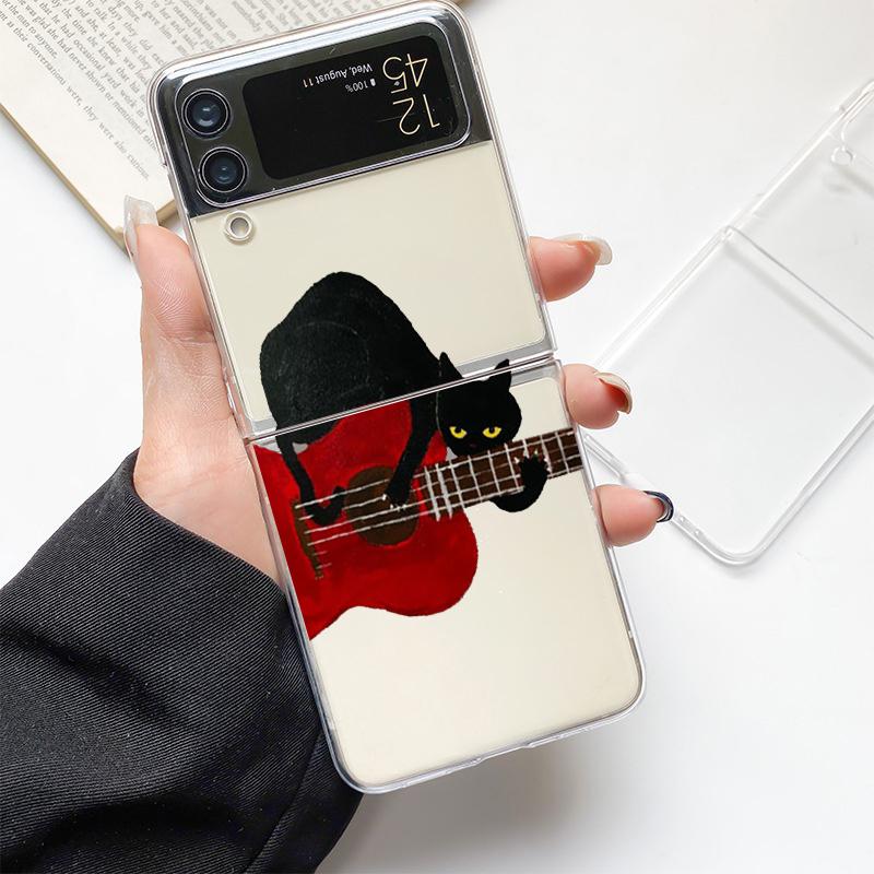 Lovely Cat Playing Fun Fashion Phone Case For Samsung Galaxy Z Flip 3 4 5 6 7 Hard Folding Z Flip4 Clear PC Cover Gift