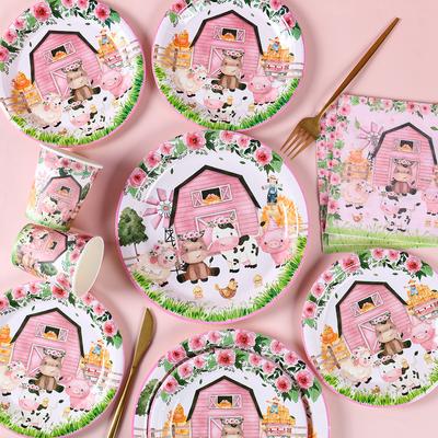 Decorações de aniversário para festa de fazenda rosa, talheres descartáveis, pratos de papel, copos, toalha de mesa, chá de bebê, decoração para festa infantil de meninos e meninas