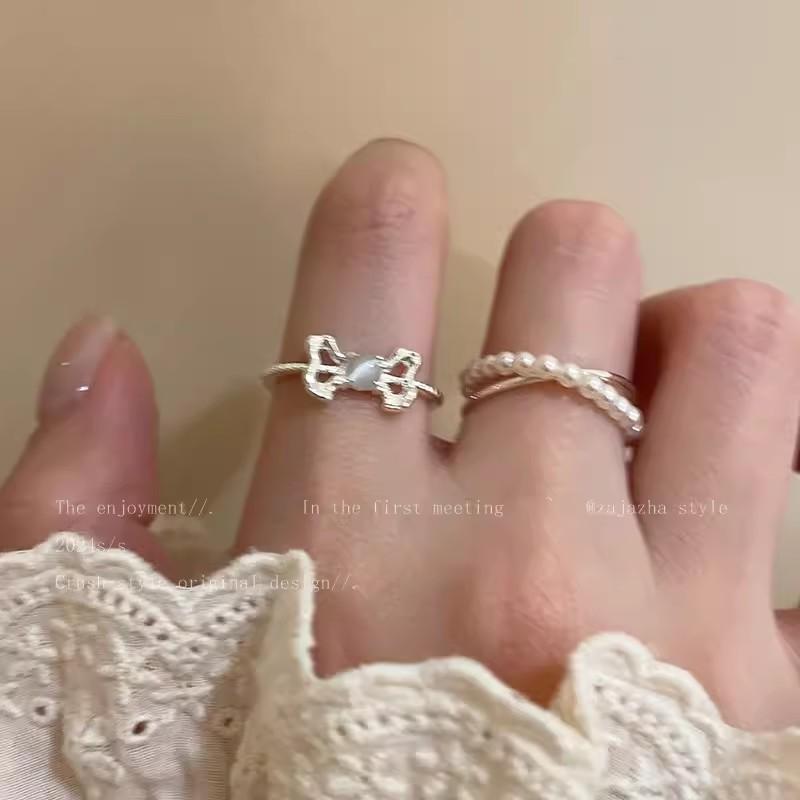 Cat's Eye Stone Bow Opening Pearl Ring - Women's Summer Luxury High-End Sexy Ring for Index Finger - Sweet Finger Ring
