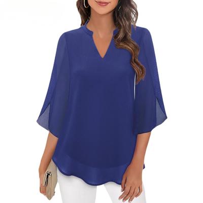 Damesmode Casual Zomer Lente Effen Kleur Print 3/4 Mouwen V-Hals Blouses & Shirts