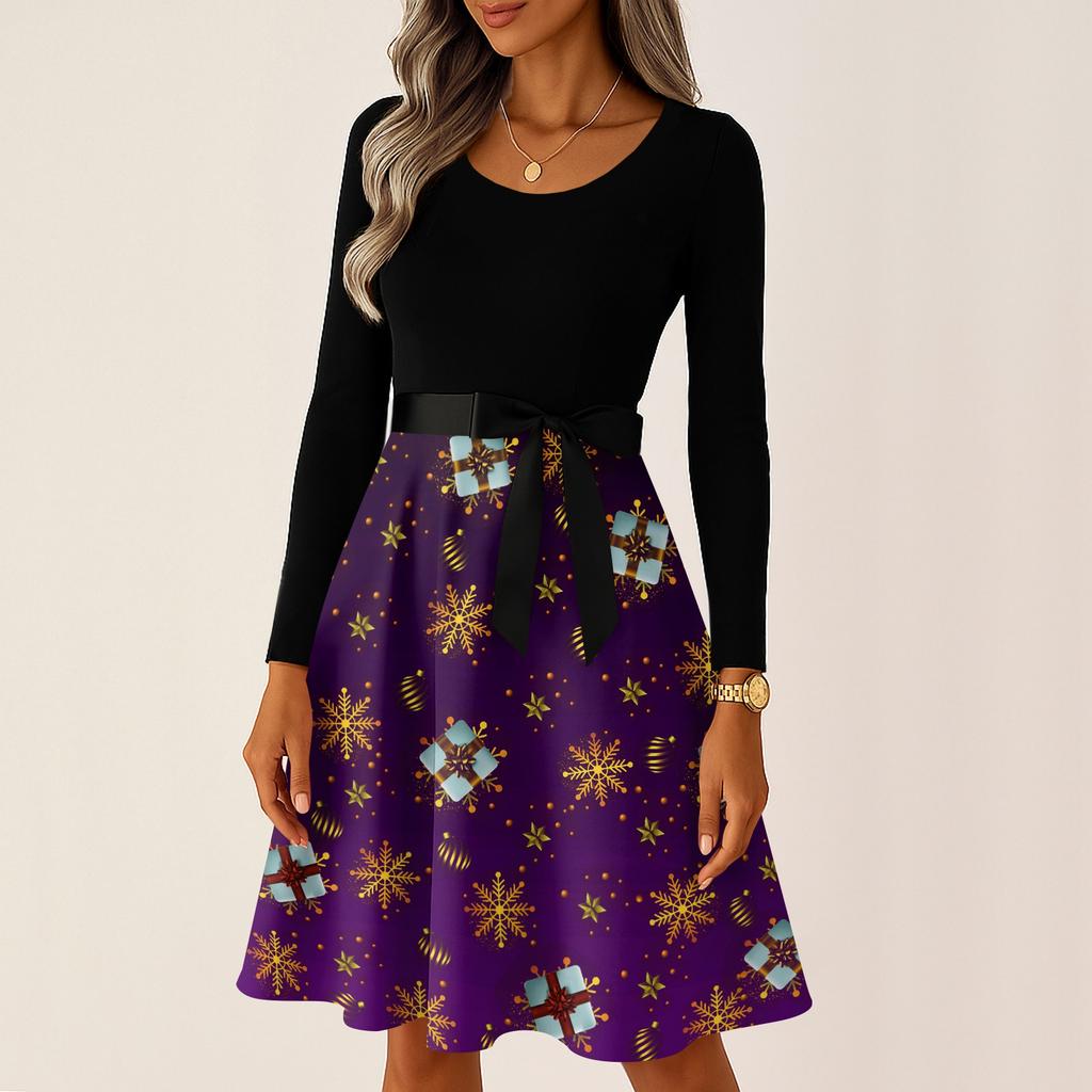 Kvinners avslappet mote langermet julegrafisk trykt vintage lange kjoler