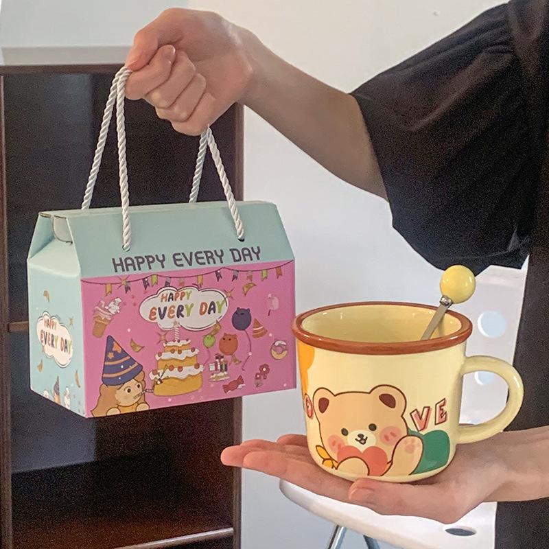 Ceramic Cup with Spoon with High Appearance Cute Household Couple Water Cup Gift Box Hand Gift Creative Mug