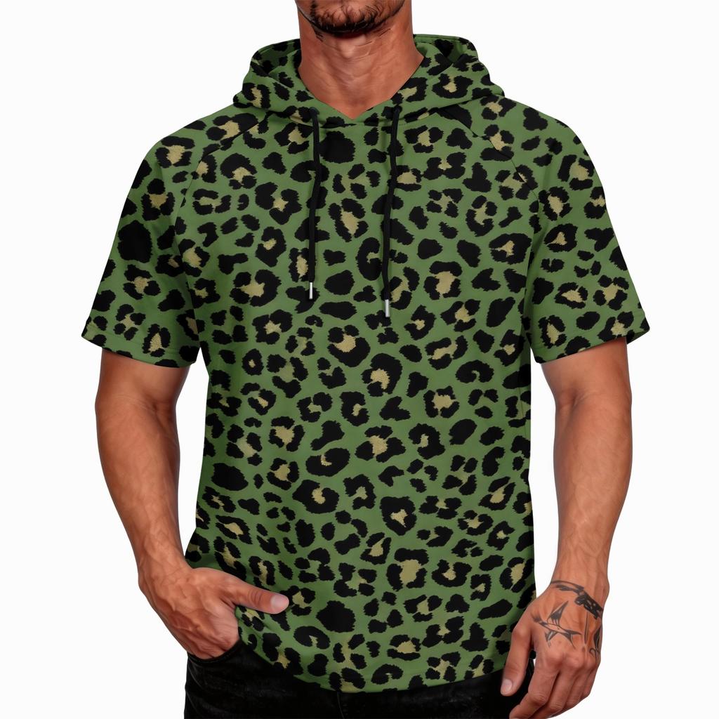 Men's Leopard Print Raglan Hoodie, Short Sleeve Casual Fishing Top, Breathable Outdoor Sports T-Shirt
