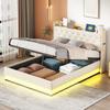 Adult Bed LED Upholstered 140x200cm with USB Charging Connection Double And Hydraulic Storage Skin-Friendly Linen Fabric Gray Children