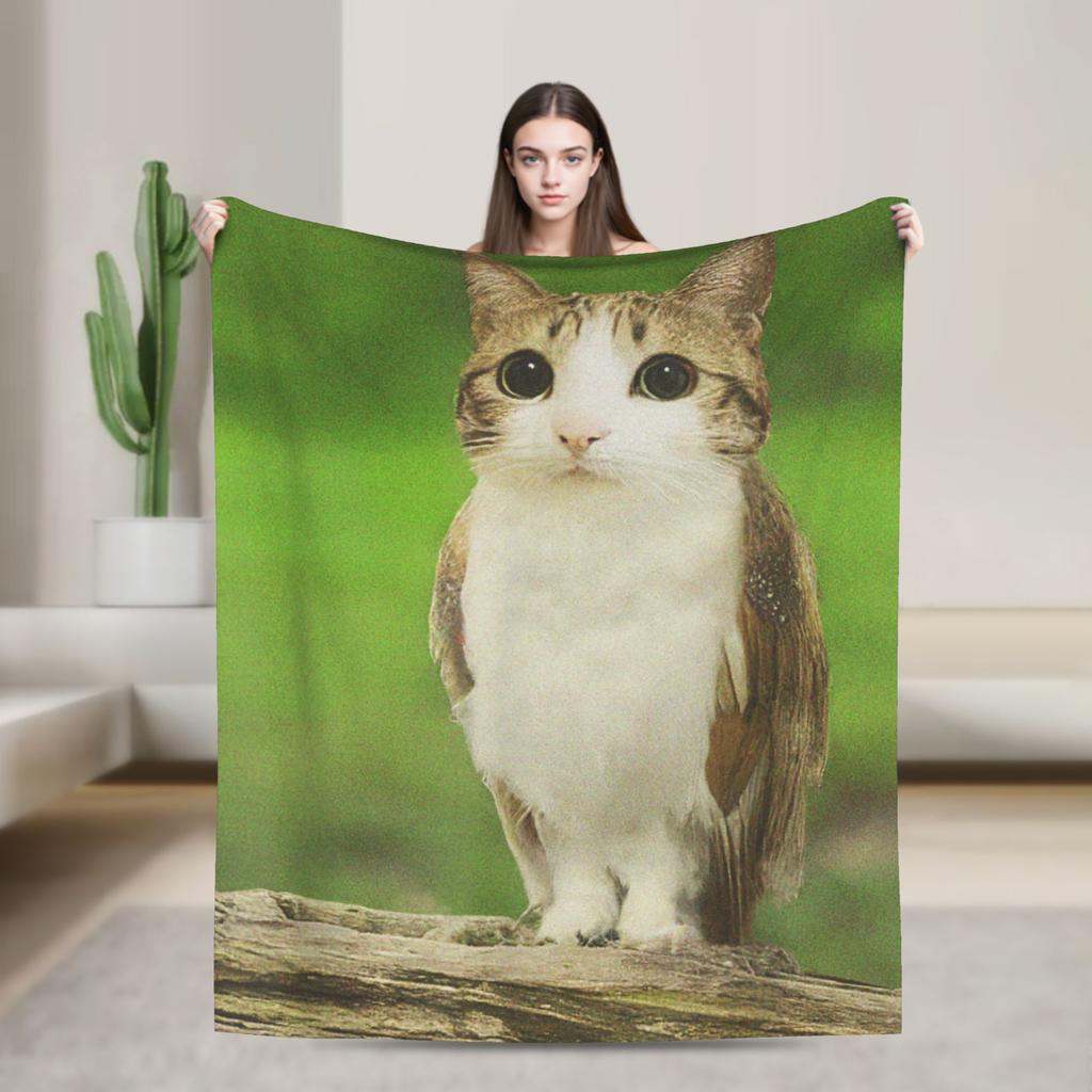 Cat Owl Funny Cursed Internet Trendy Meme Blankets Flannel Bedding Throws For Couch Chair Sofa Bed Warm Bedspread Gift Idea