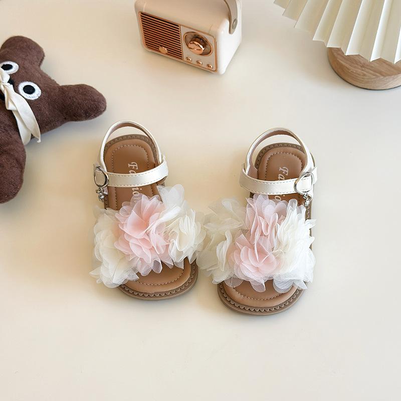 

Girls Sandals Non-slip Soft Sole Kids Princess Shoes Lace Flowers Mixed Color 2025 Summer New Children Beach Shoes Fashion Sweet 23 бежевый