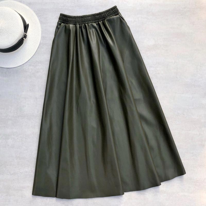 Women's Winter Faux Leather Pleated High Waist A-Line Midi Skirt Long Skirt