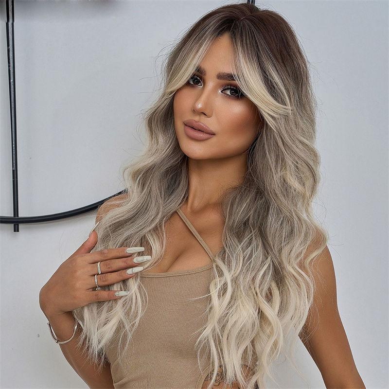Cover Wig Female Eight-Word Bangs Big Wave Full Head Gray Long Black Gradient Curly Hair