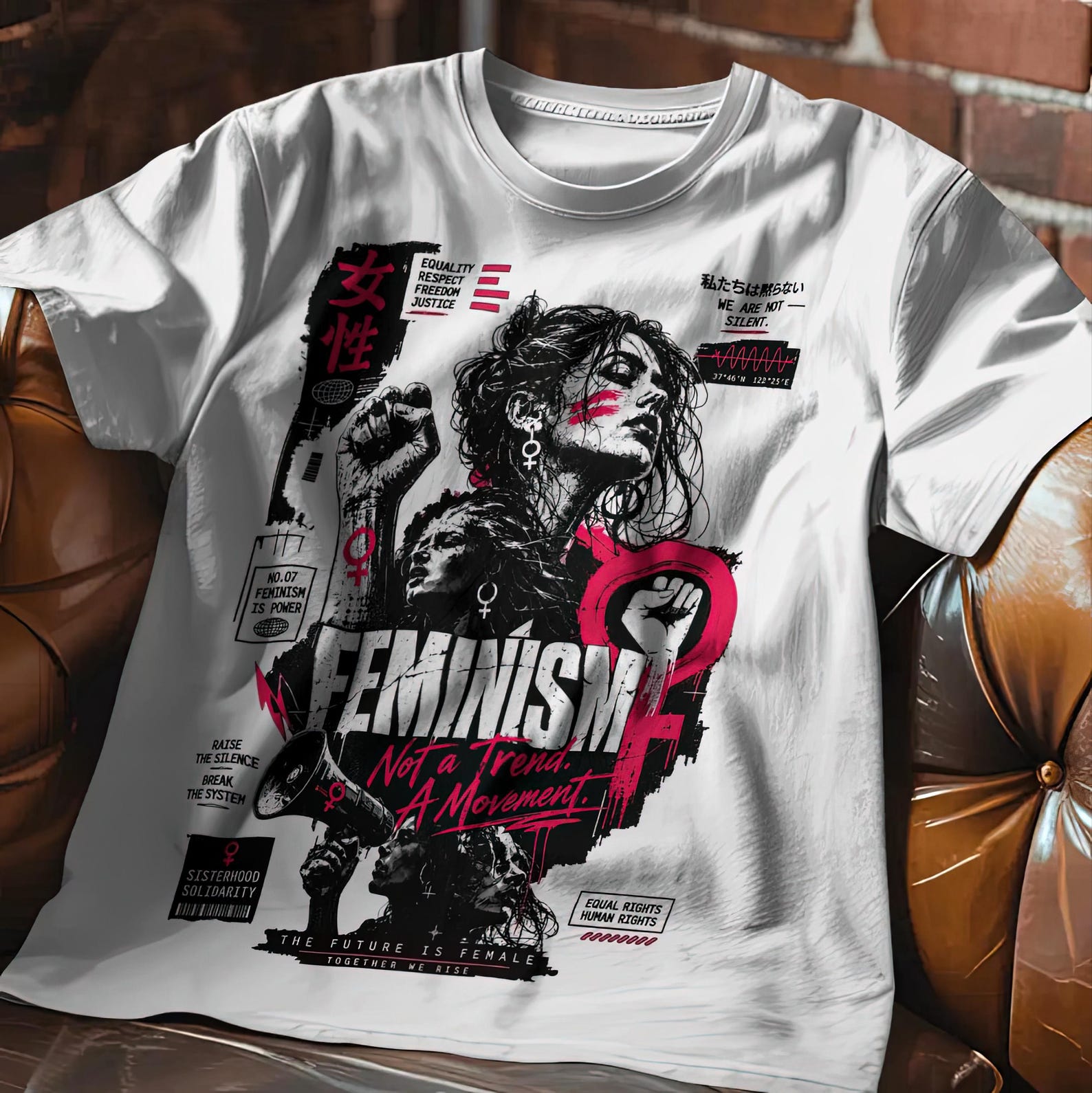 Feminist Shirt with Bold Women Portrait Graphic and Activism Statement Print in Grunge Style 2XL