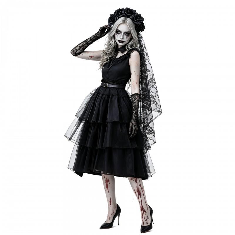 Dark Gothic Ghost Bride Cosplay Dress Black Tulle Cake Skirt Halloween Zombie Party Costume