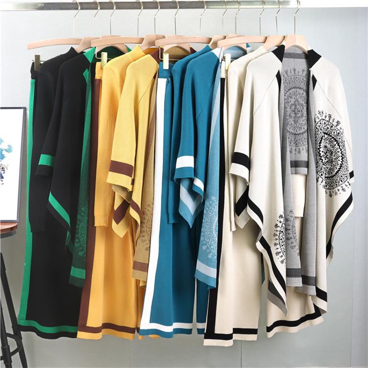 Women's Autumn Casual Three-Piece Set: Knitted Cardigan, Shawl Cape, Wide-Leg Pants