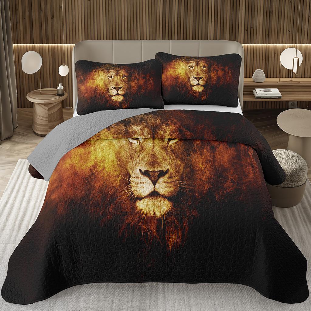 Lion Bedspread Twin King Safari Wild Aninal Coverlet Western Farmstyle Quilt Set Soft Luxury Reversible Grey Quilted Bedding Set