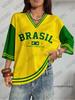 Nuova Maglietta Estiva Vintage con Stampa Brasileiana da Donna Scollo a V Patchwork Manica Corta Magliette Sportive Maglia da Calcio Y2K Top Larghi Oversize