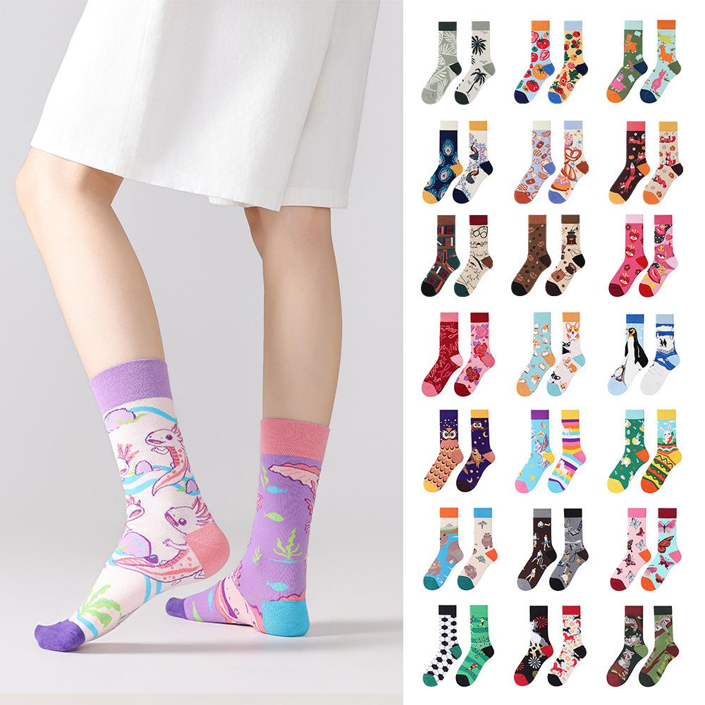 Children's Cartoon Sports Socks, Mid-Calf, Asymmetrical Mandarin Duck Design, Cotton Trendy Pair