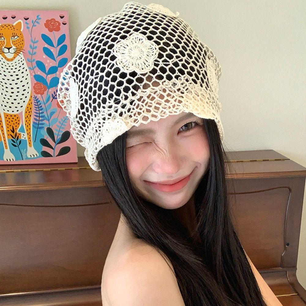 Cute Lace Beanies Hat Handmade Flower Knitted Hat Retro Weave Cap Apparel Accessories