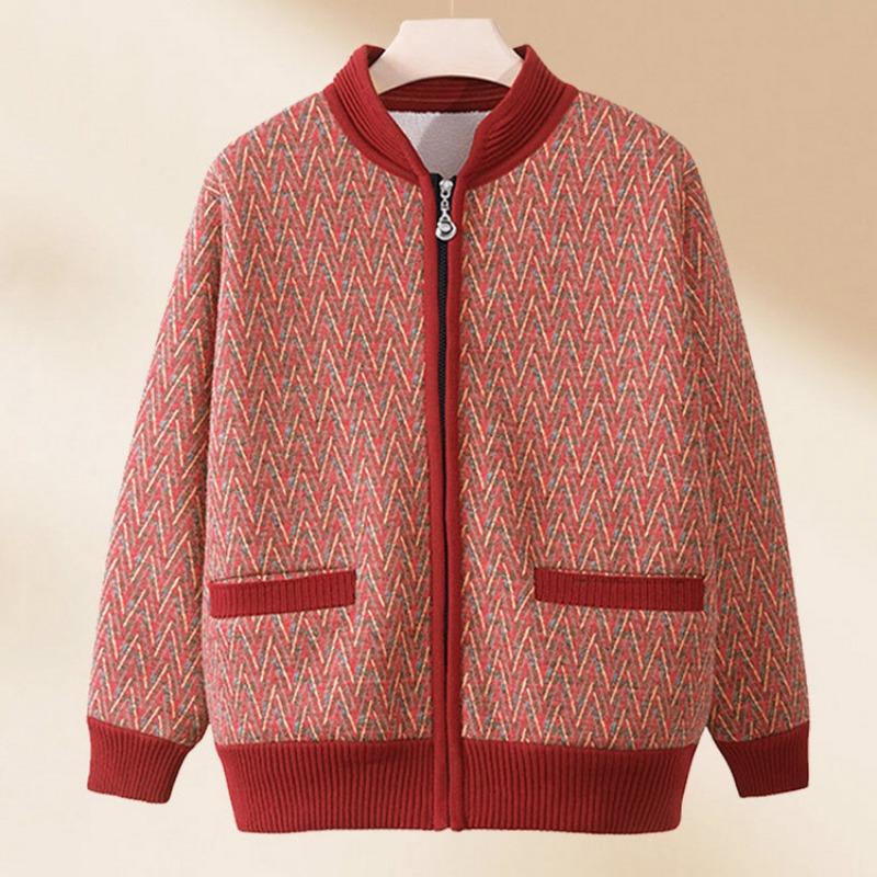 Grandma coat autumn clothes new elderly knitted sweater female mother fleece thickened old woman striped top