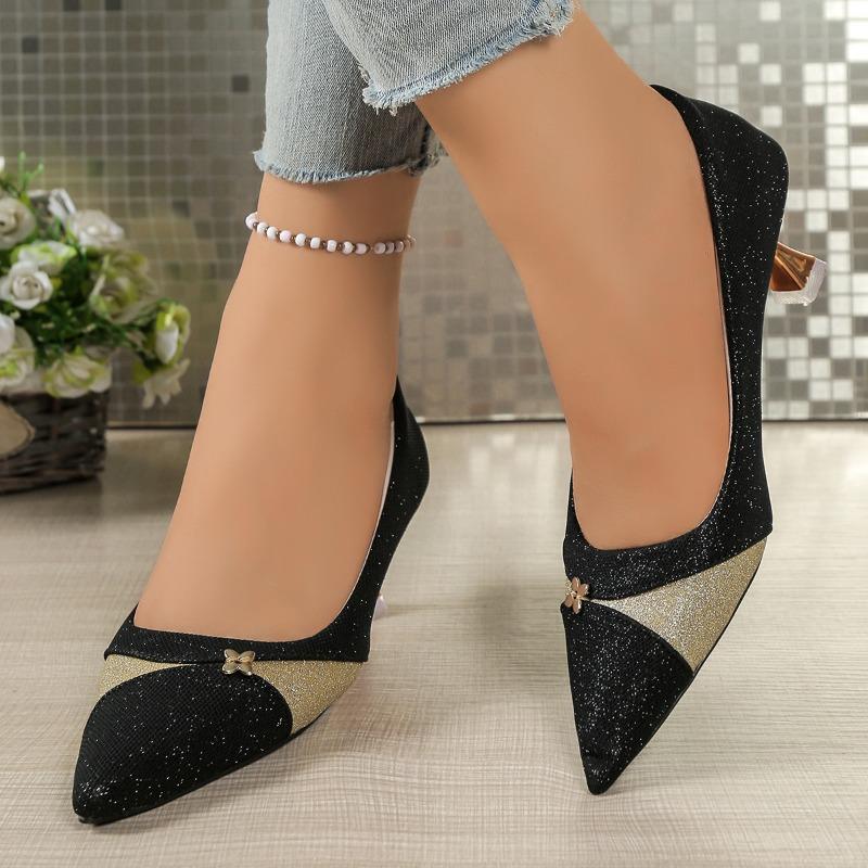 Fashion Fashion Banquet Stiletto Single Shoes Autumn New Pointed Toe Light Mouth Sequin Color Block Slip-On Heels