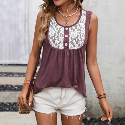 Damen Neue Mode Sommer Lässig Ärmellos Patchwork Bedruckt Knopf Oberteil