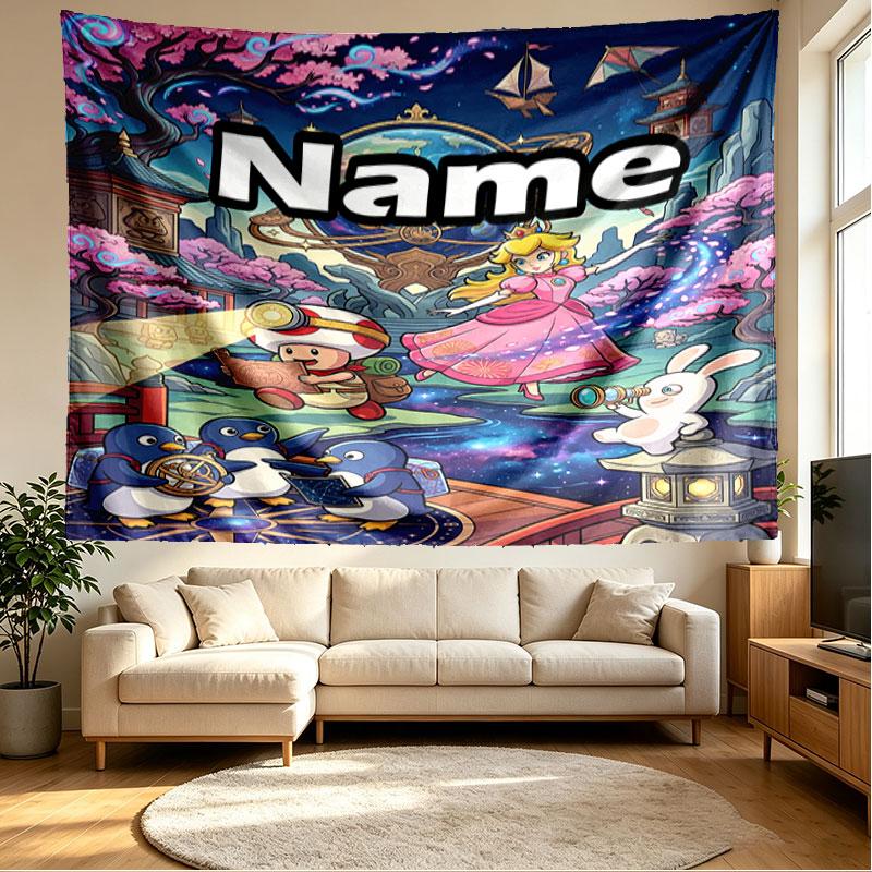 Custom Name Personalized Princess Peach Toadstool Print Tapestry, Wall Art Decor, Bedroom, Dorm, Apartment, LivingRoom, Party Backdrop, Gift for Birth