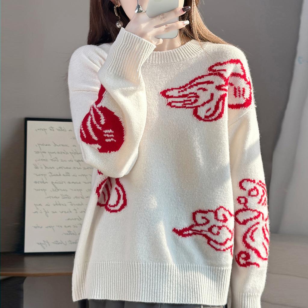 Autumn And Winter New Wool Crew Neck Knitted Sweater New Year'S Good Luck Jacquard Red Bottoming Shirt Women