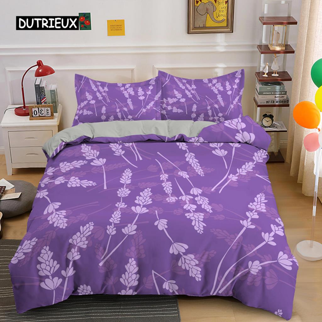 Purple Lavender King Queen Duvet Cover Fantasy Flowers Bedding Set Girls Women Beautiful Romantic Floral Polyester Quilt Cover