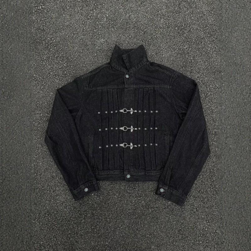 Pánská retro džínová bunda Hip Hop styl Krátký Cropped Kabát s kovovými druky Skládaný detail