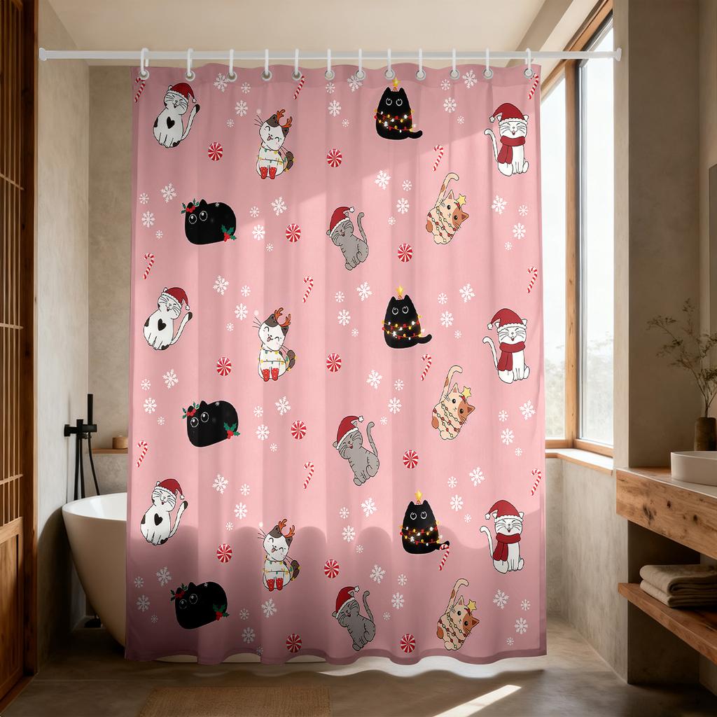 GAE1pc pink Christmas cat print waterproof shower curtain partition privacy hanging curtain with 12 hooks multiple sizes