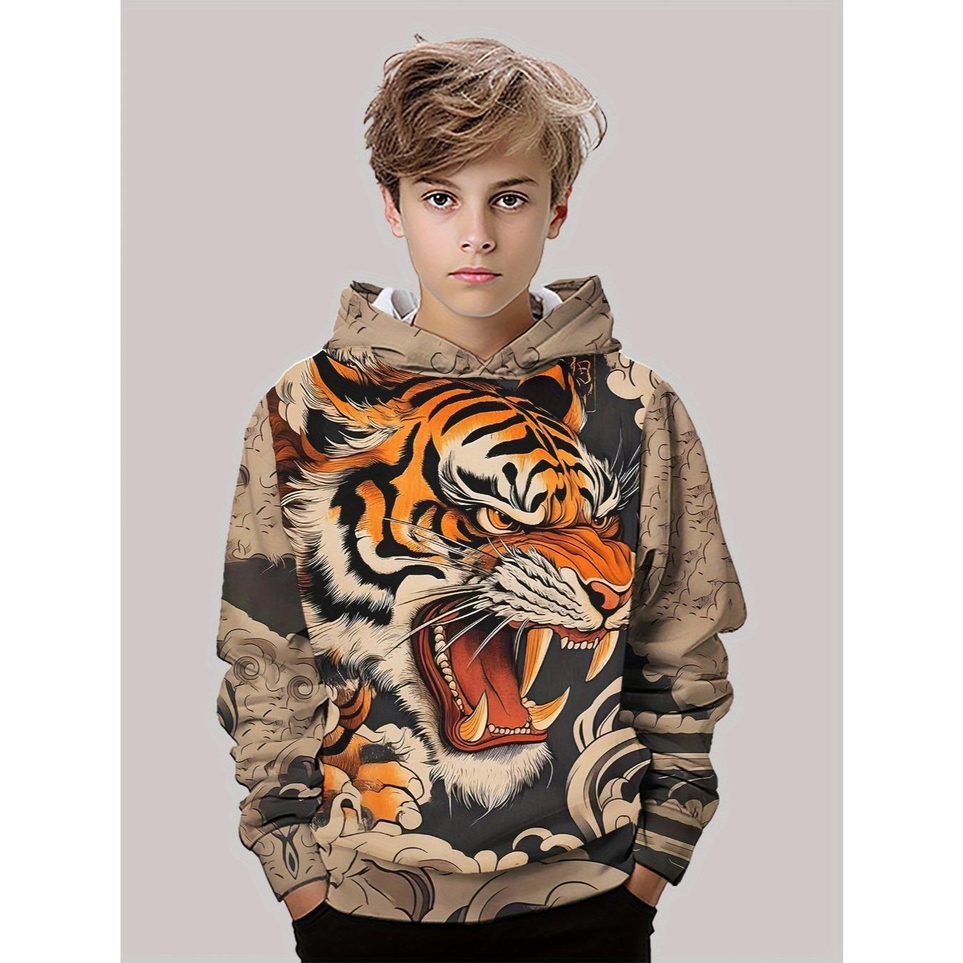 

Boys Hoodie - Long Sleeve Hoodie with Tiger Pattern Design, Orange/Black/Beige Combination, Bold Print, Comfortable Fabric, Children s Clothing 13-14Y