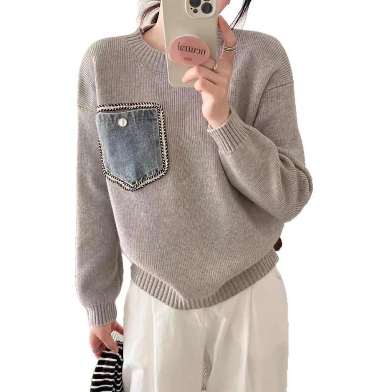 Contrasting color round neck splicing denim knitted sweater top autumn and winter new loose sweater pullover women