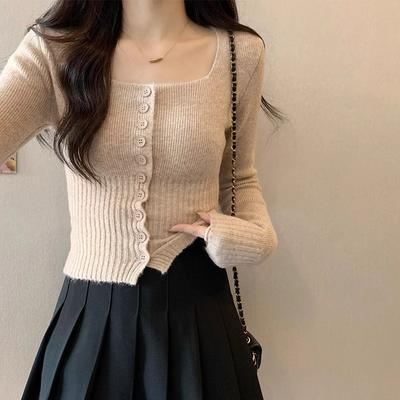 Oatmeal Color Winter High-end Outfit Bottoming Sweater Knitted Cardigan Women's Square Collar Slim Suit with Small Top