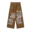 Amerikanische Retro Süße Katze Print Jeans Unisex Gespleißte Patchwork Abgenutzte Weite Hosen Lässige All-Match Lange Hosen