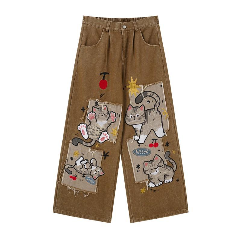 Amerikanische Retro Süße Katze Print Jeans Unisex Gespleißte Patchwork Abgenutzte Weite Hosen Lässige All-Match Lange Hosen