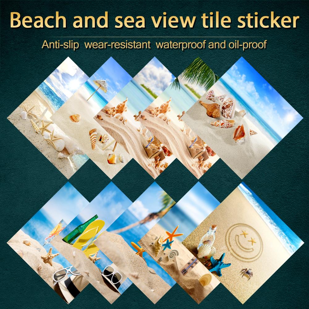 Plážová scenérie Skořápkové dlaždice Samolepka Kuchyňská skříň Umyvadlo Samolepky na stěnu Domácí dekorace Samolepící voděodolná umělecká tapeta 10ks