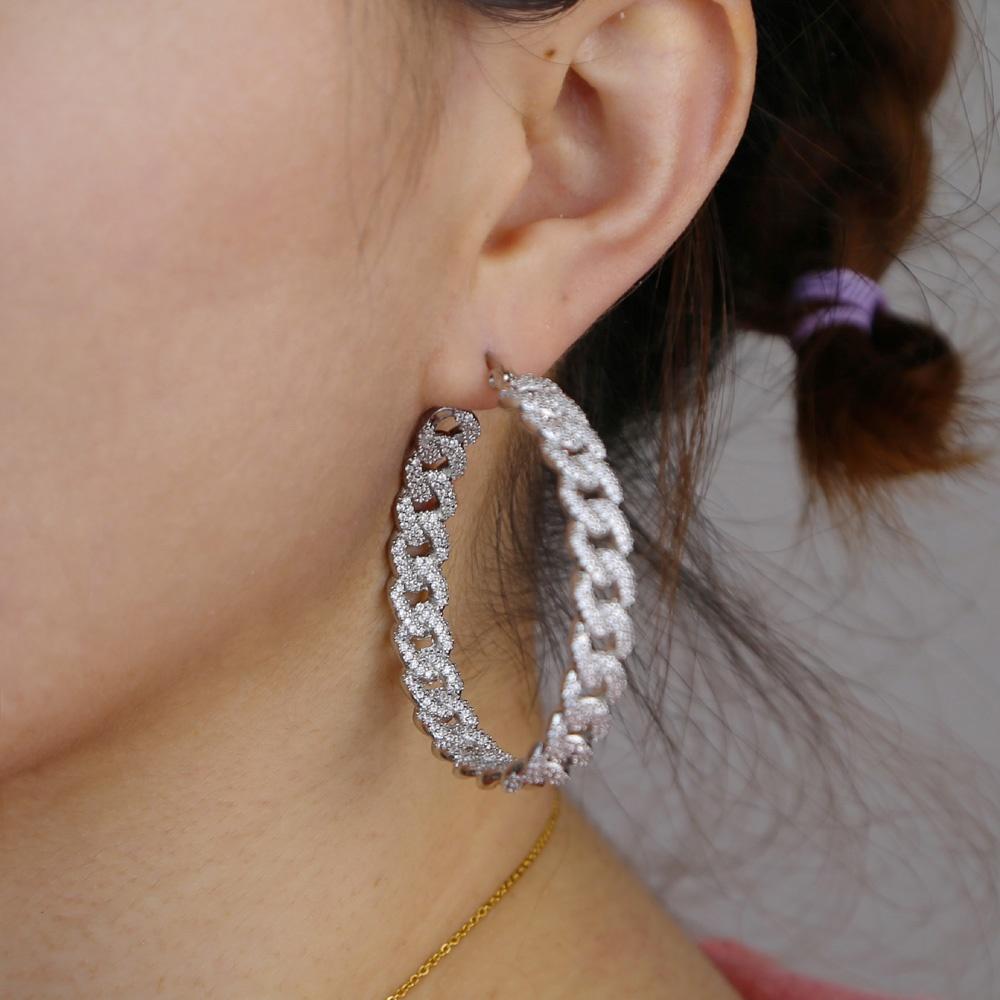 New 48mm Big Hoop Earring Cuban Chain Shape Circle Micro Paved Mini Bling Cubic Zircon Silver Color Hoop Women Fashion Jewelry