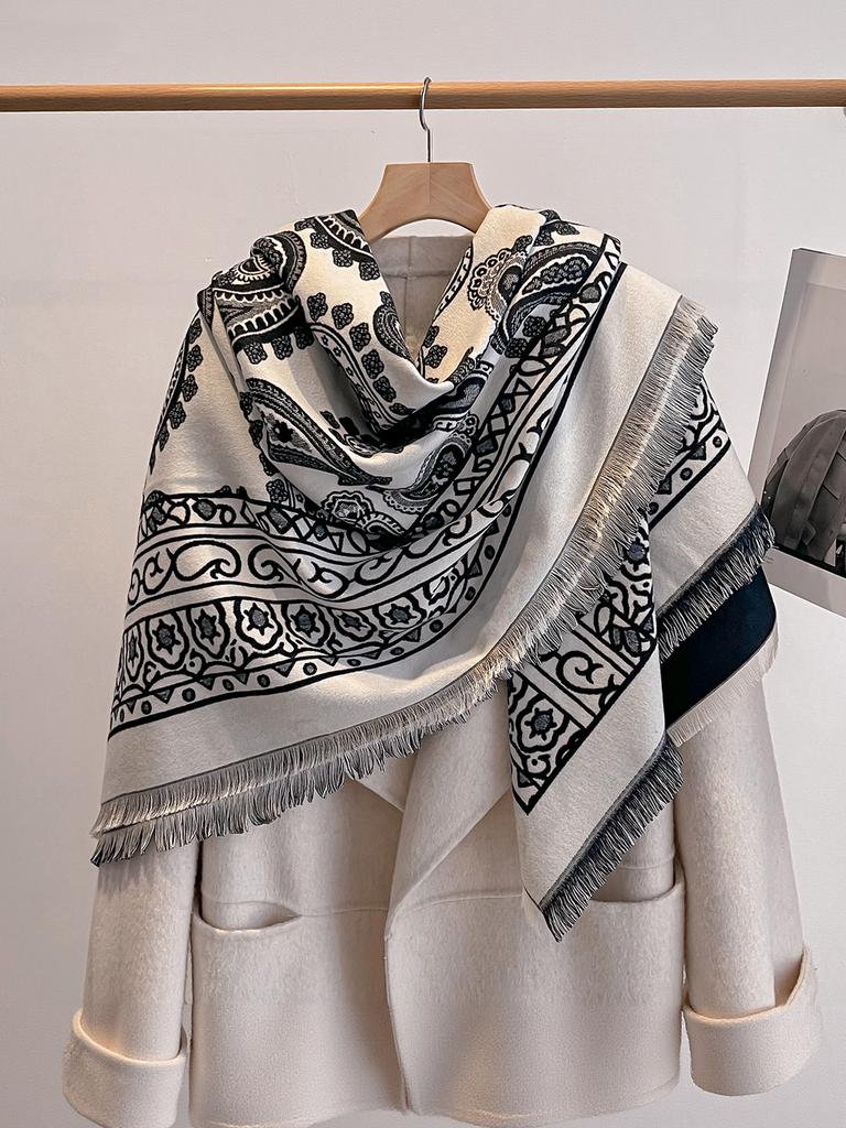 Luxury Women'S Winter Faux Cashmere Scarf Paisley-Inspired Print Tasseled Multi-Way Pashmina Shawl Stylish Accessory