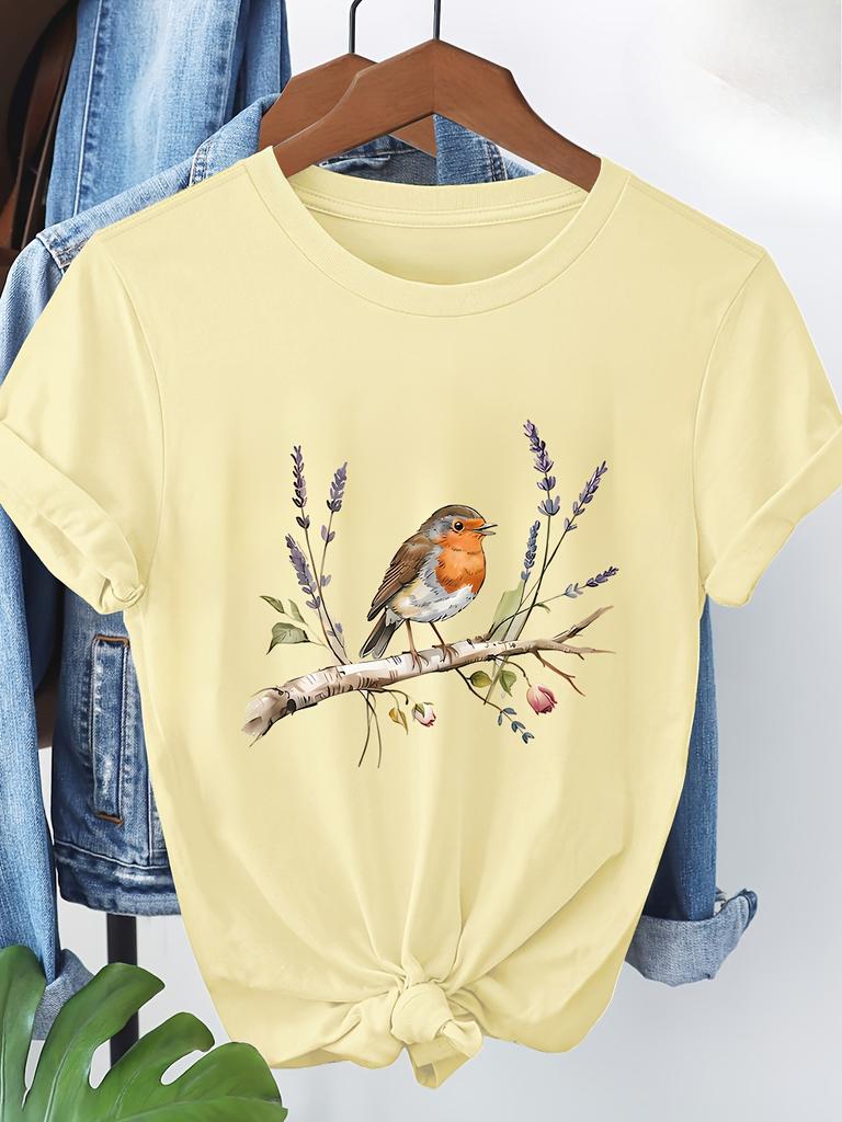 Women's Short Sleeve T-Shirt - Peaceful Robin Bird Standing on Branch - Lavender and Floral Print Casual Wear graphic t shirts