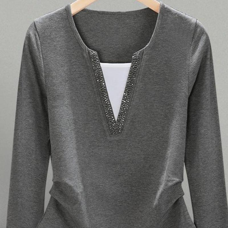 Autumn V-neck Long Sleeved T-shirt for Women High End Fashionable Design with A Cinched Waist and Slimming Top