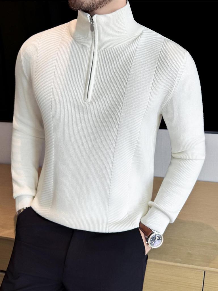 Men's Striped Knitwear Long Sleeve Half-Zip Sweater - White Warm Autumn/Winter Collection