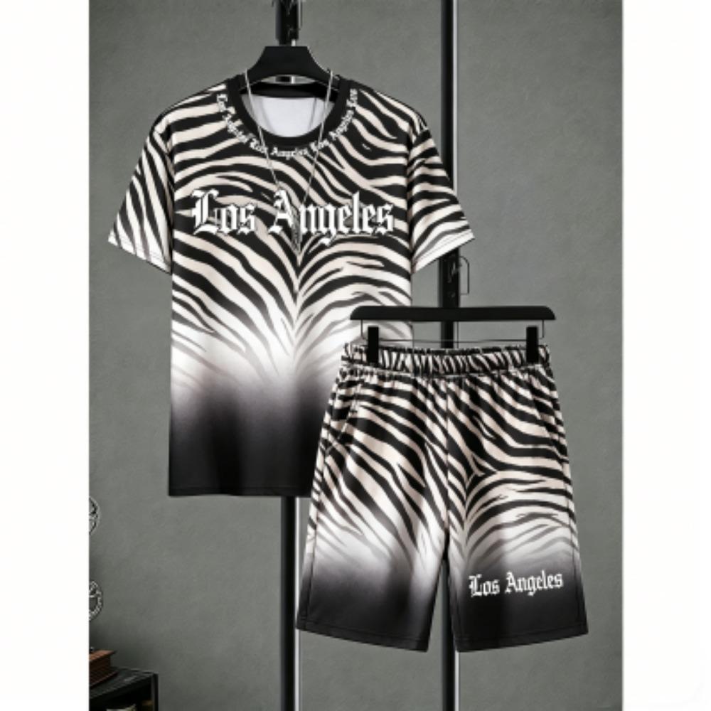 Men's Set Zebra Stripe Colorful Printed Men's T-shirt and Shorts 2 Piece Set Summer Casual Outdoor Men's and Women's T-shirt Sets