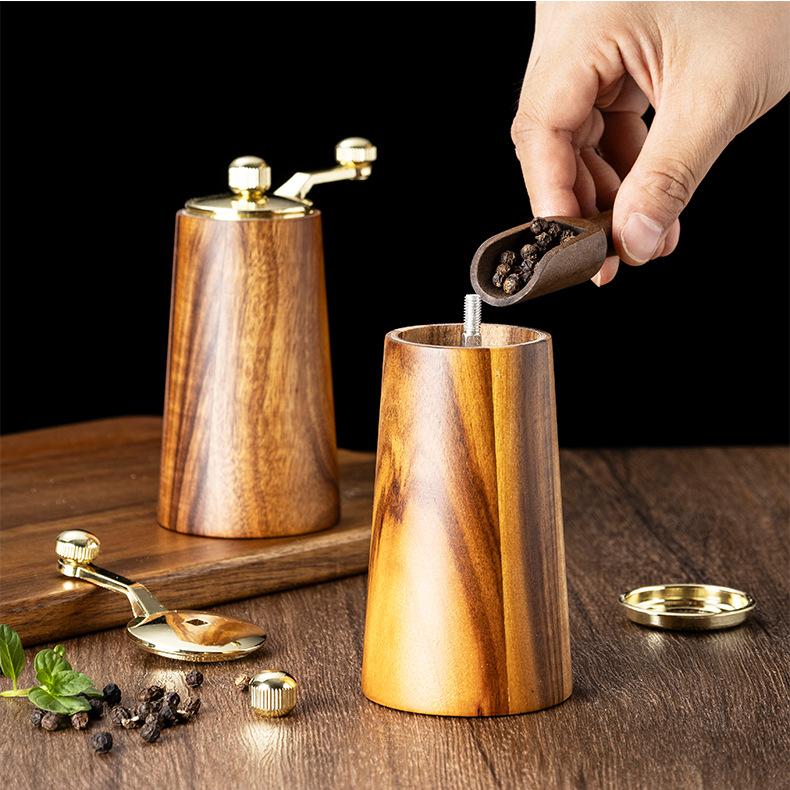 Acacia Wood Hand Crank Pepper Grinder, Manual Solid Wood Salt Spice Mill For Home Kitchen