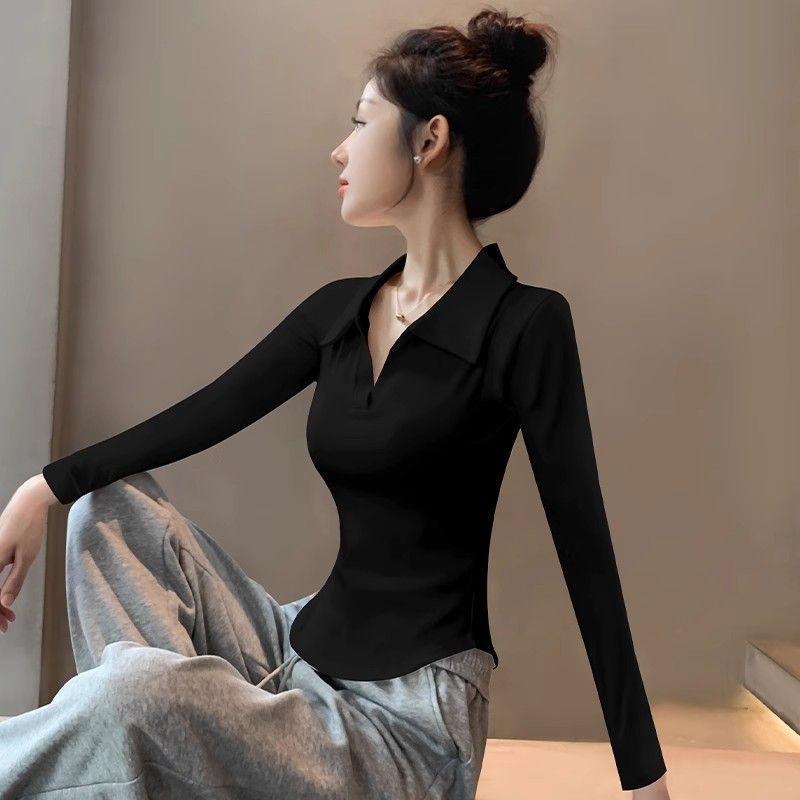 Women's Stylish White Collar Polo Long Sleeve Slimming Base Layer Top for Spring/Autumn