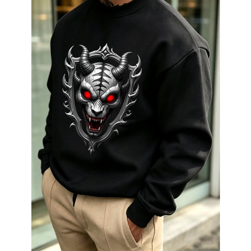 Men'S Graphic Print Crew Neck Sweatshirt With Silver Demon Skull Red Eyes And Horns, Loose Fit, For Streetwear And Outdoor Wear.