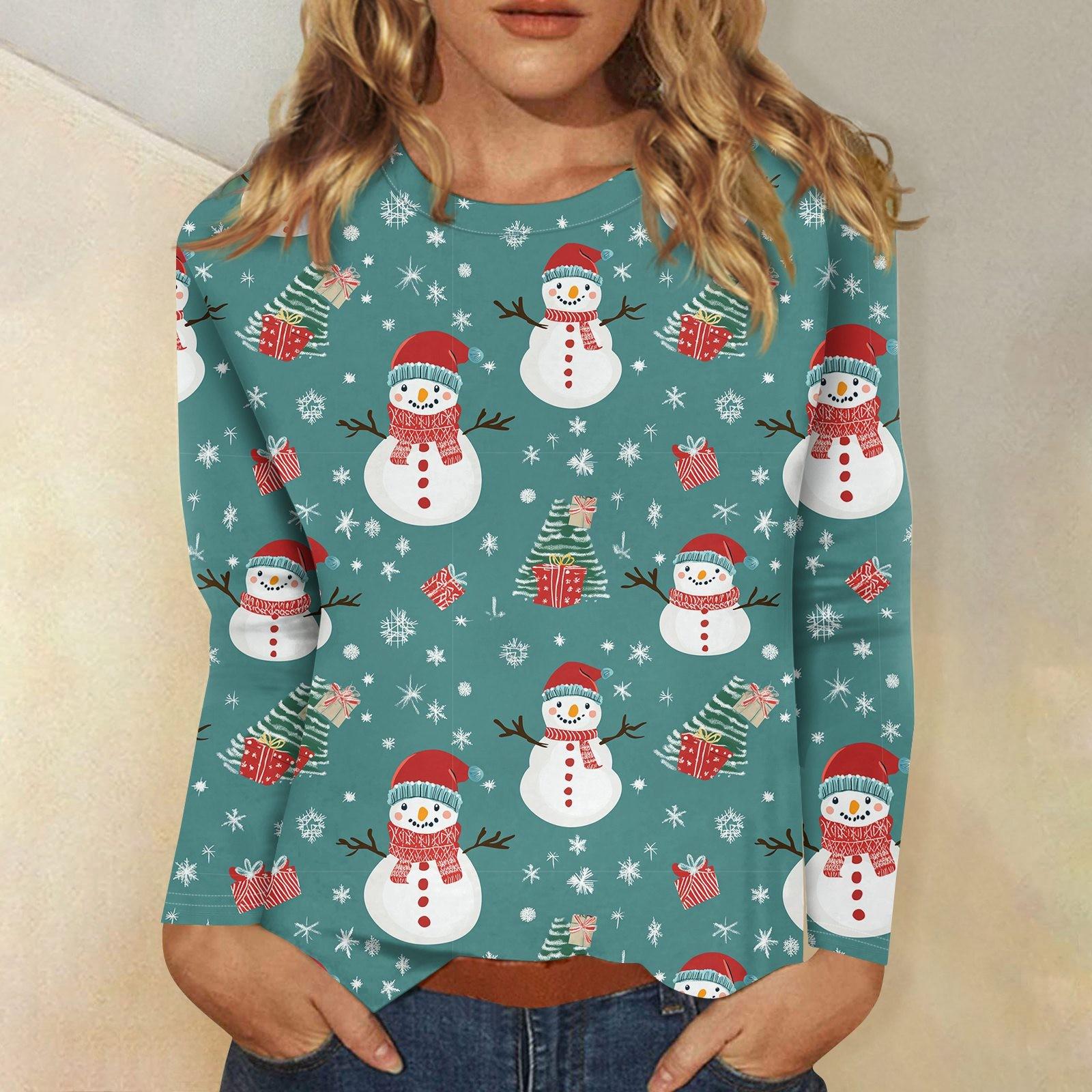 

Женская мода повседневная рождественская печать круглый вырез длинный рукав декоративная футболка топ XXXXXL циан