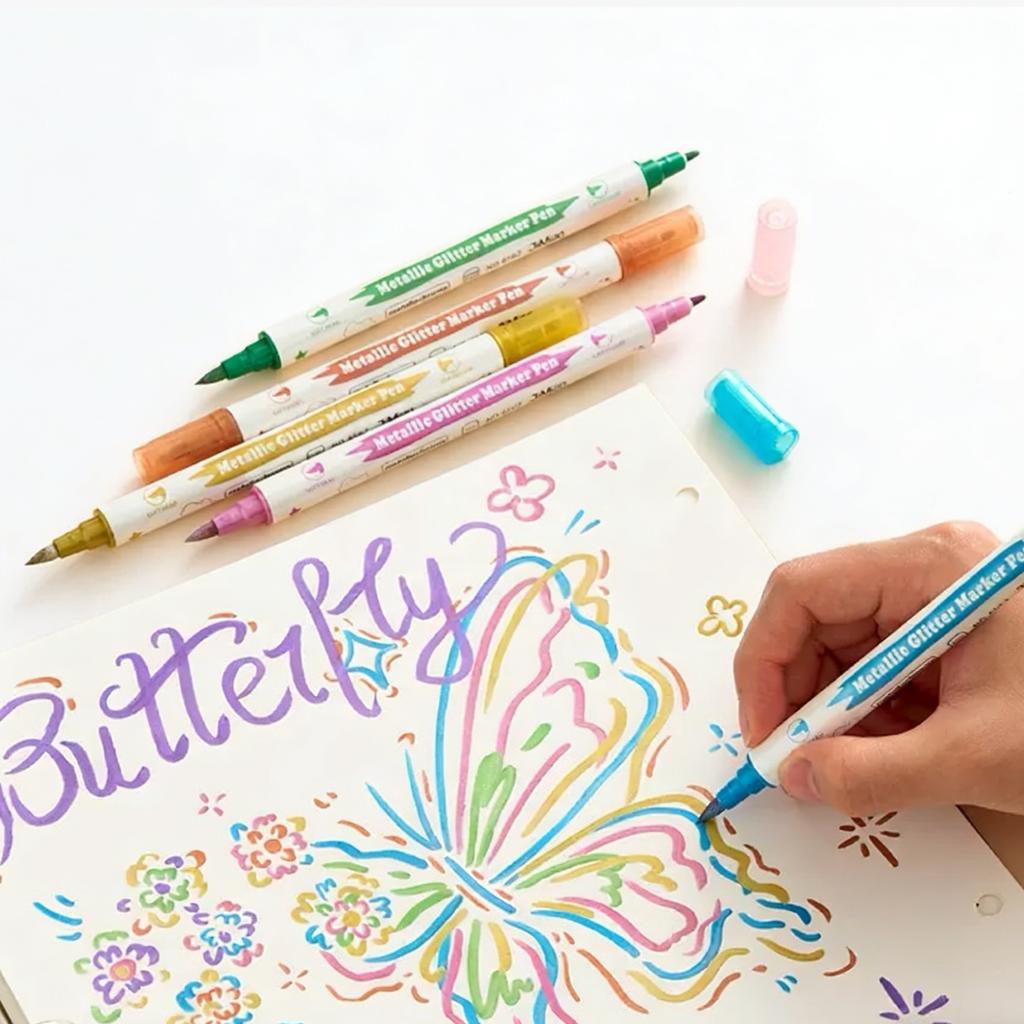 10pcs Metallic Dual Tip Marker Pens - Brush & Fine Nib for DIY Album, Black Card, Scrapbooking & Craft
