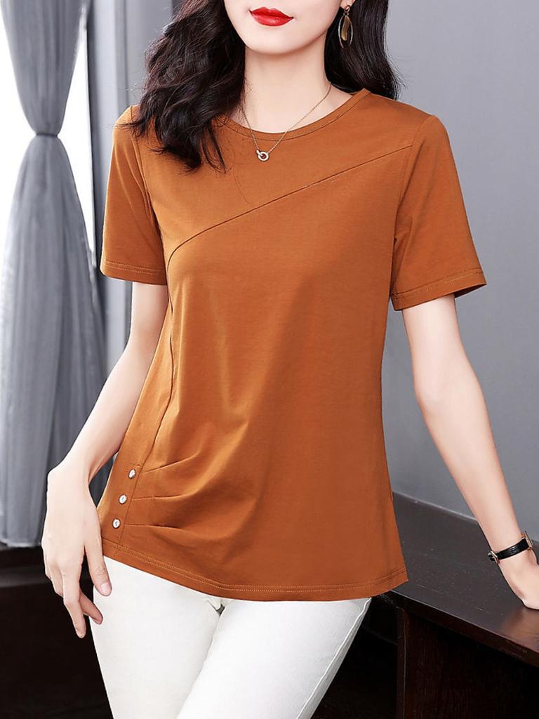 Women Summer Spring Fashion Cotton Blouses Shirts Lady Fashion Casual Short Sleeve O-Neck Solid Color T-shirt Blusas Tops