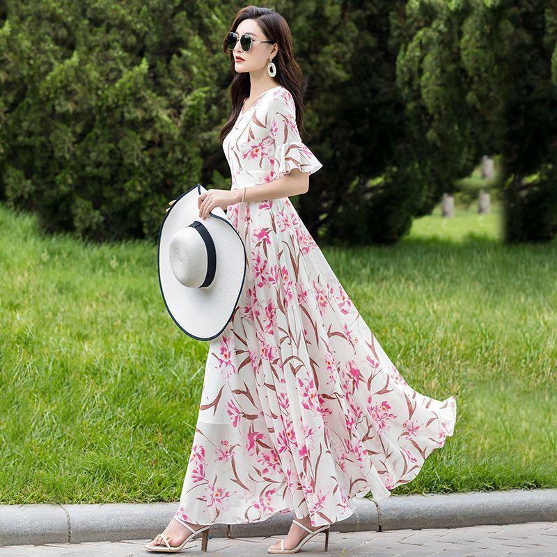 Women's Floral Print Maxi V-neck Short Sleeve High Waist Chiffon Casual Summer Dress