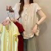 White Ruffle Cap Sleeve Blouse with Neck Tie and Button Front, Loose Sweet Women Summer Top
