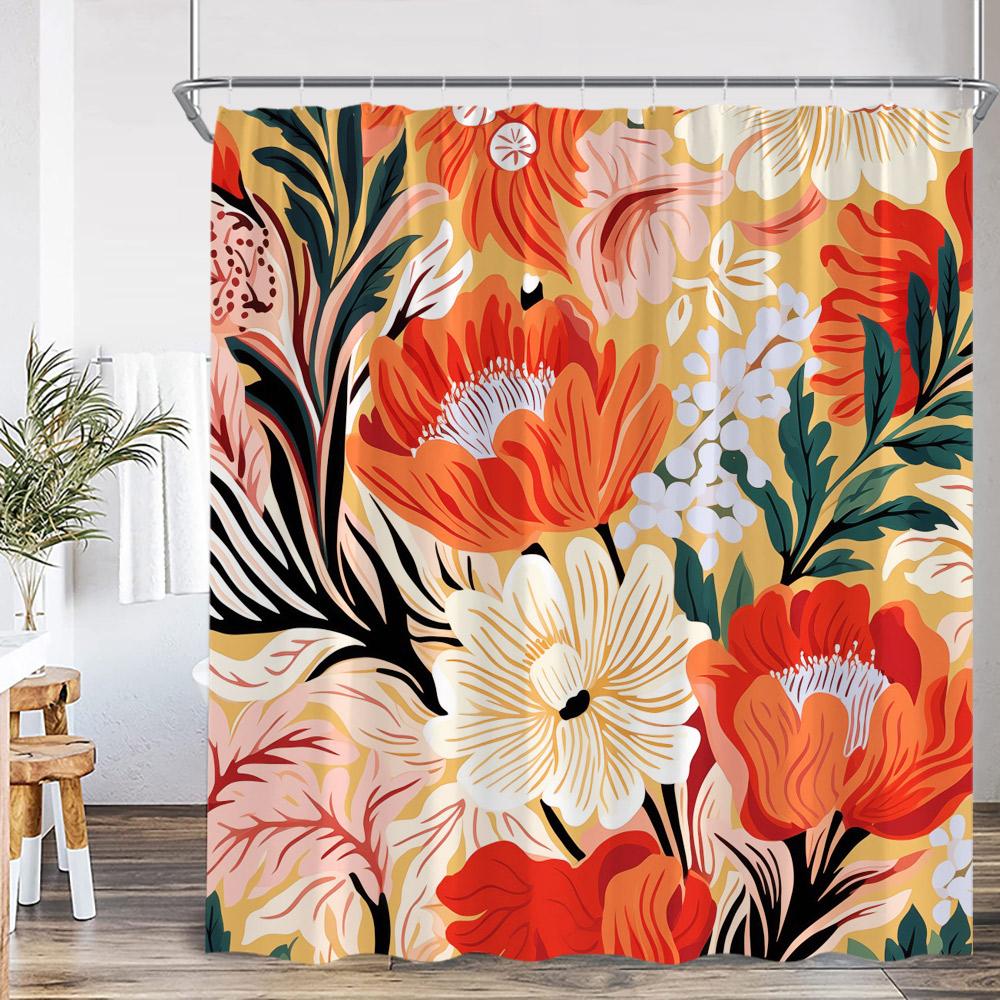 Boho Floral Shower Curtain Vinatge Colorful Flower Green Leaves Plant Spring Summer Bathroom Decor Retro Bath Curtain with Hooks