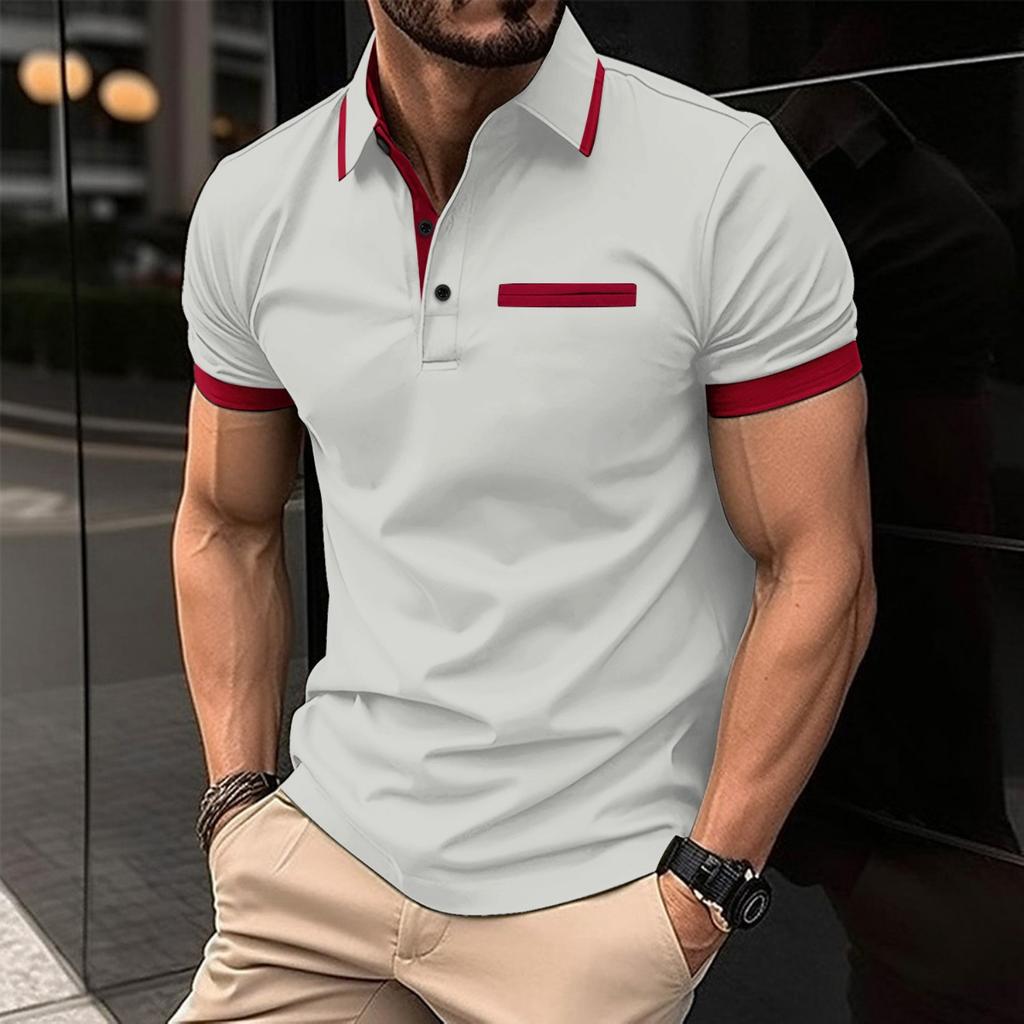 Fashion Men's Summer New Chest Fake Pockets Splicing Colour Blocking Casual Sports Polo Shirt Tops