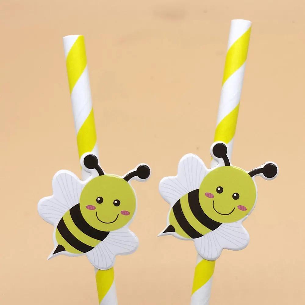 100Pcs Sweet Bee Theme Disposable Paper Straws Bar Drinking Straw Tableware for Kids Birthday Baby Shower Party Decorations